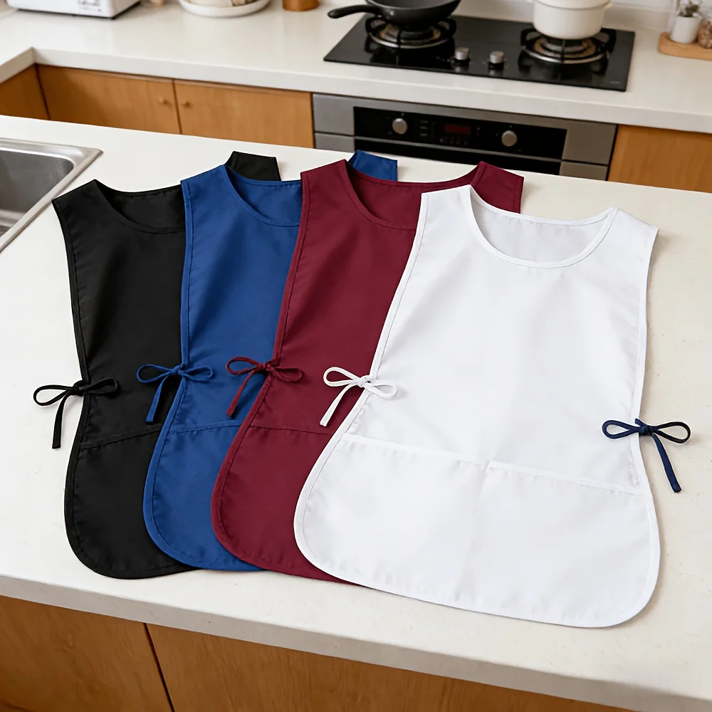 Single-piece Solid Color Sleeveless Apron with Two Storage Pockets, Unisex Apron Suitable for Kitchen, Tea House, Beauty Salon