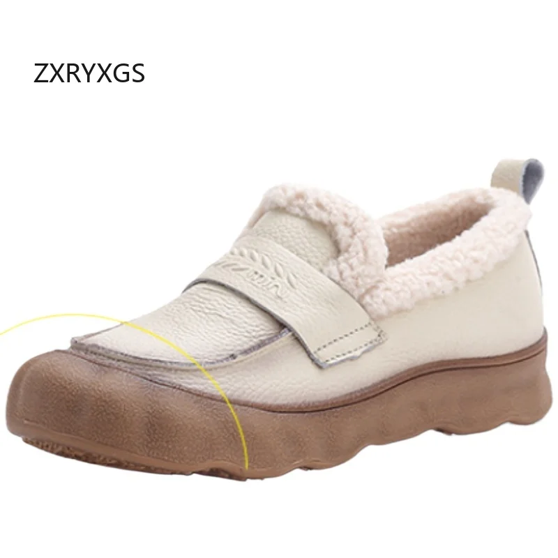 

ZXRYXGS Top Layer Cowhide with Velvet Snow Shoes Women Flats 2025 New Fashion Round Toe Winter Cotton Shoes Comfort Warm Shoes
