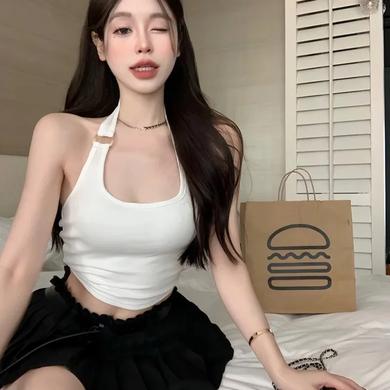 Spicy Girl Red Camisole Tank Top Sexy Neck Hanging Backless Sleeveless Exposed Navel Short Style Chest Cushion Design