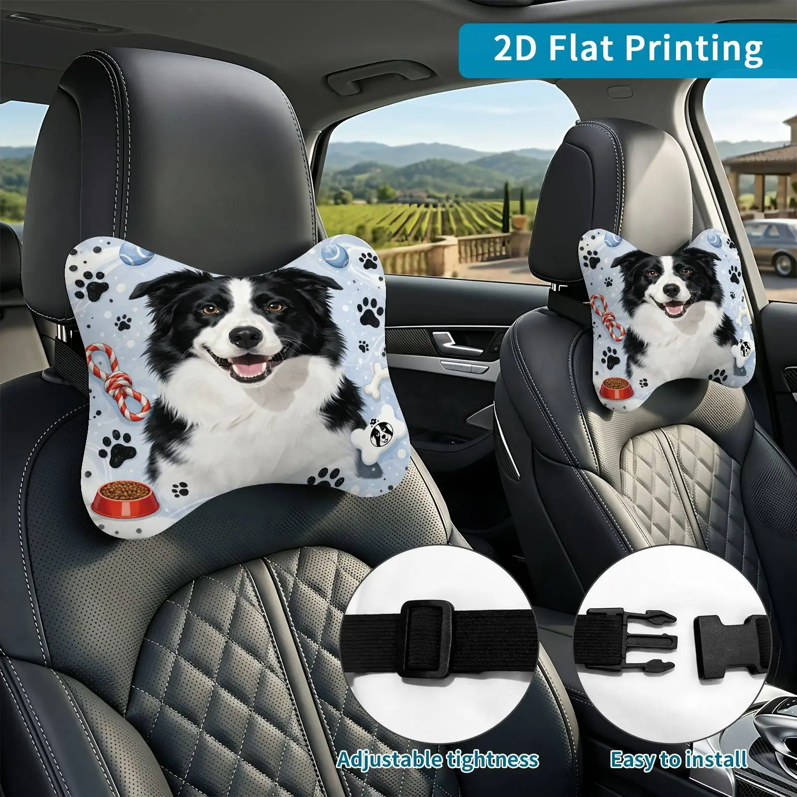 2pcs Dog Pattern Paw Print Bone Car Seat Headrest, Neck Support Cushion, Suitable For All Seasons Of Car Additions, Comfort Them