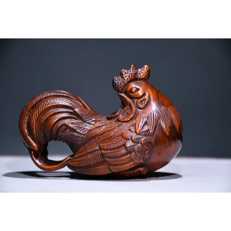 

3.1" Chinese Box-wood Hand Engraving Animal 12 Zodiac Chanticleer Statue Craft Gift Decoration Home Decore