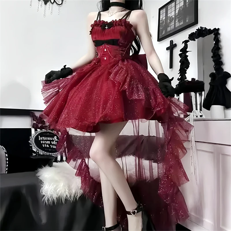 

Gothic Y2K Sling Dress Women Harajuku Retro Tulle Ruffles Trim Christmas Party Outfit Grunge Aesthetic Sleeveless Elegant Wear