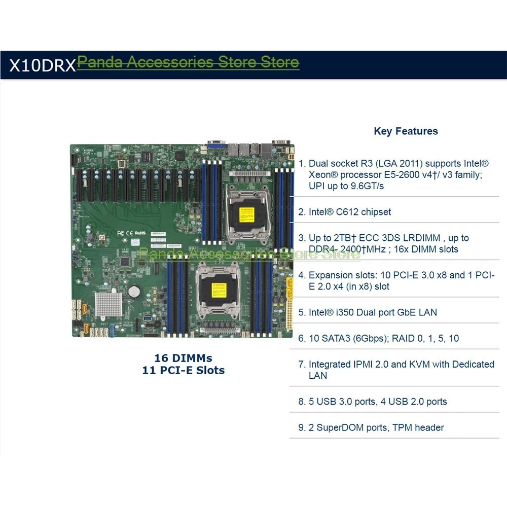 Stable Version X10DRX Server Motherboard LGA 2011 Intel C612 Support E5 2600 V3 V4 CPU DDR4 PCI-E 3.0