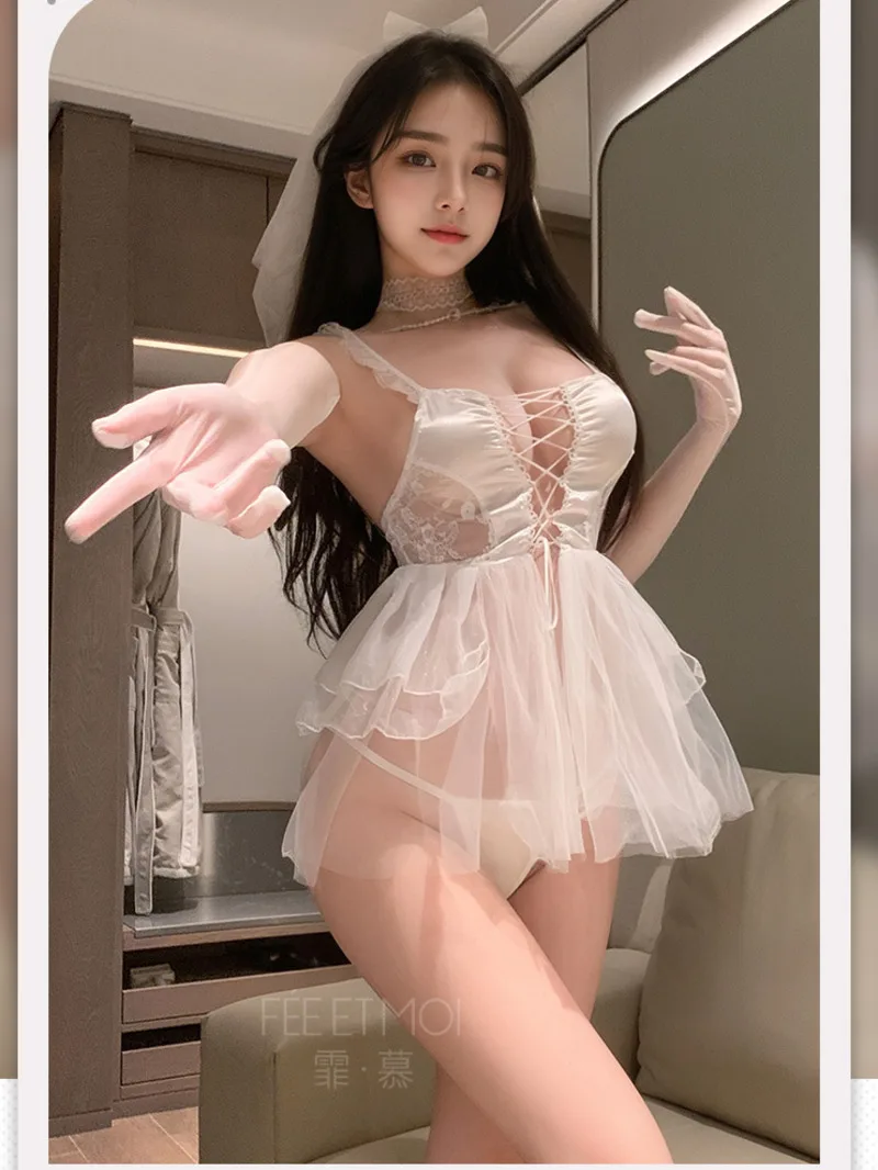 Ozdoba z łańcuszka z koralików, pasek, odsłonięta row, suknia ślubna panny młodej elegancka śpiąca erotyczna biała słodka siateczka koronkowa przezroczysta 6GFP