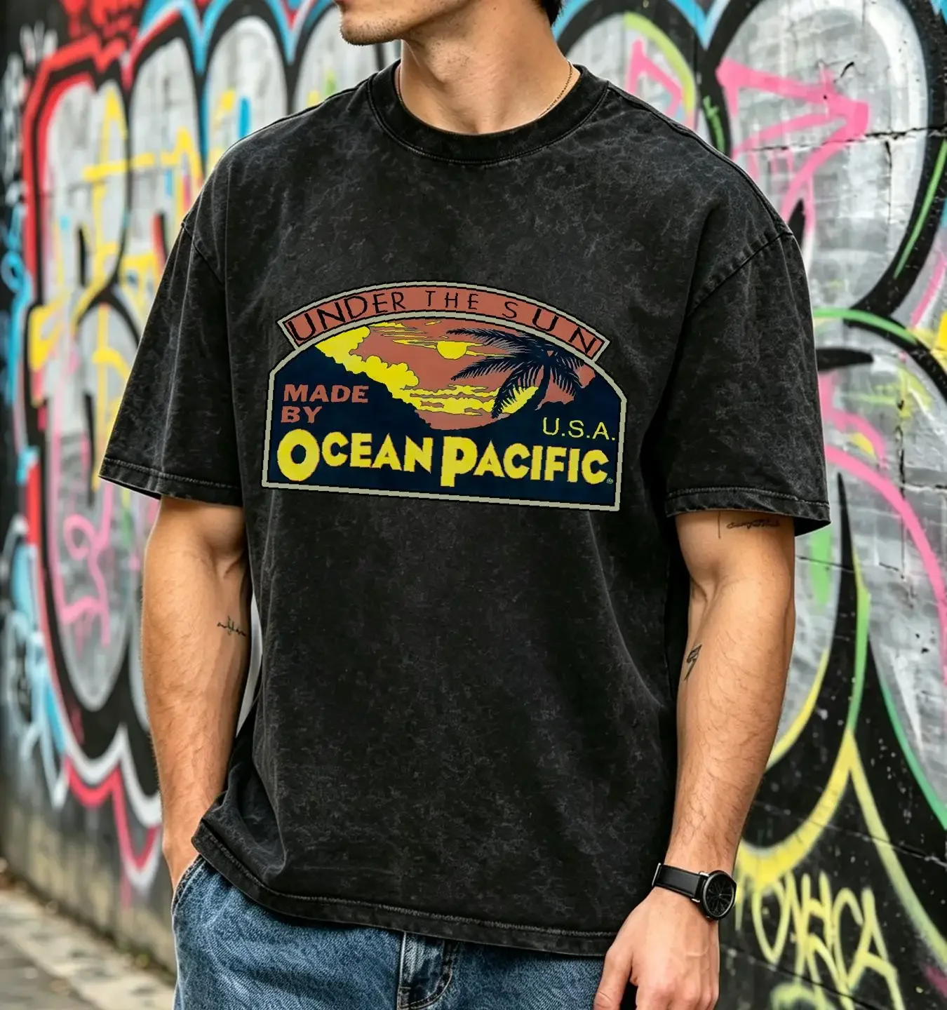 washed T Shirt Rare Vintage OCEAN PACIFIC Under The Sun USA 1993 Spell Out 90s Blue L long or short sleeves vintage Washed