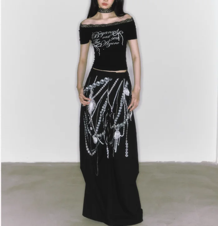 Women Punk Gothic Cool Girls Low Waist Pearls Chains Printing Wide Leg Trousers Hot Thin Black Cargo Pant Capris