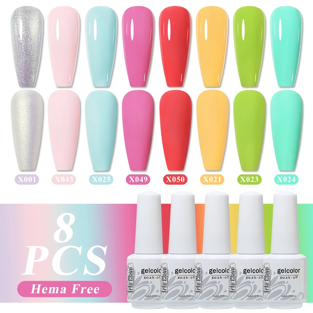 Arte Clavo 8Pcs/Set HEMA FREE Gel Nail Polish Set 60 Colors Semi Permanent Varnish Base Top Coat Soak Off UV LED Nail Art Kits