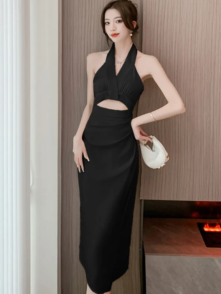 

Women Sexy Sleeveless Backless Satin Dress Summer New French Temperament Slim Thin Neck-mounted Elegant Party Midi Dresses
