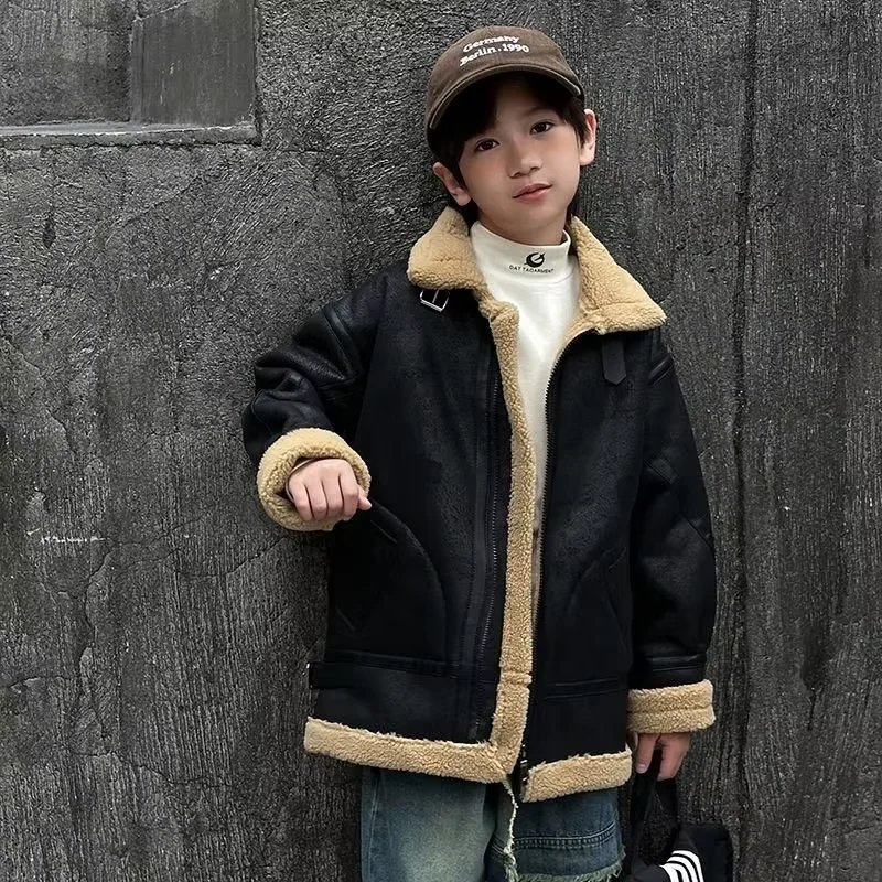 Boys Winter Jacket Fleece Lined Thick Warm Coat 2026 New Children Suede Leather Biker Moto Jacket Fur Lined Outerwear