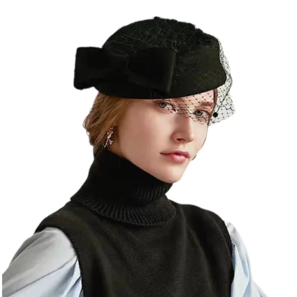 French Style Top Hat Small Fragrant Bow Mesh Elegant Small Caps Women's High-end Fashion Hat Women's Versatile Stewardess Hat