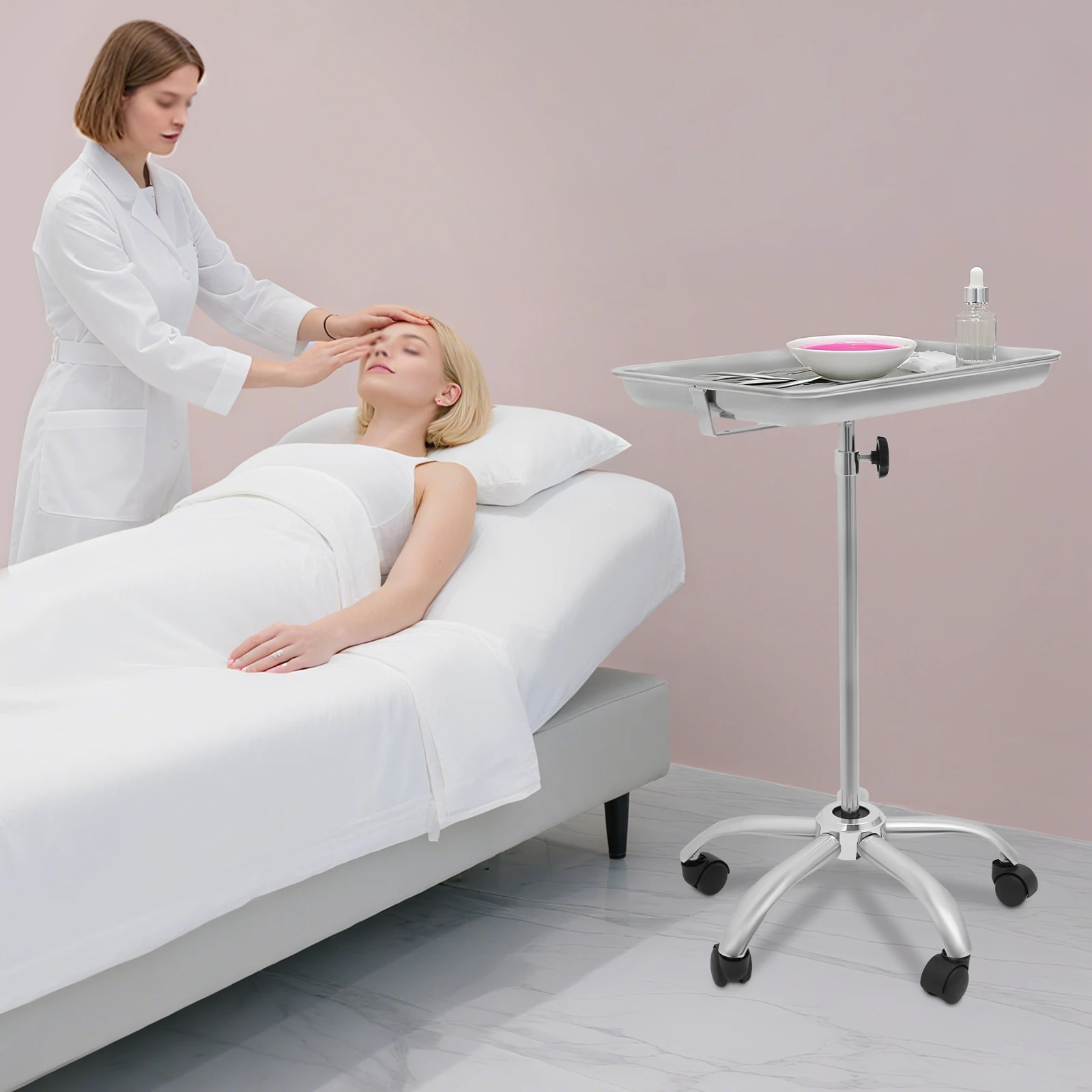 

81-127cm Height Metal Large Salon Tray White Medical Tray Stand Salon Tray Cart for Salons Studios Beauty Salons