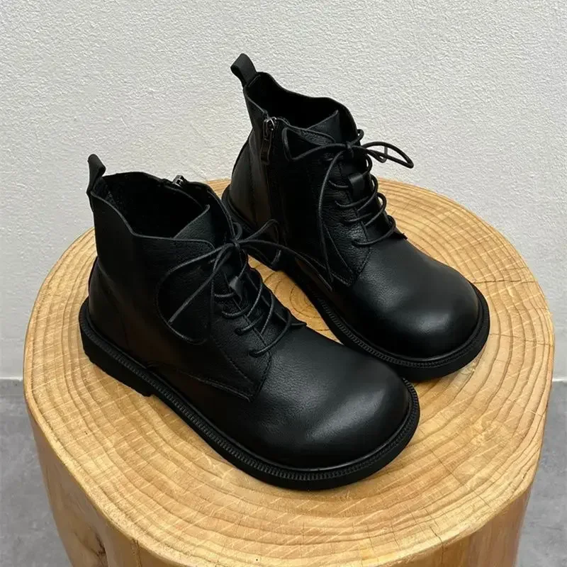 2024 Spring Shoes Women Cowhide Wide Toe Boots Flat Bottom Casual Side Zipper Retro Artistic Genuine Leather Lace Up Short Boots