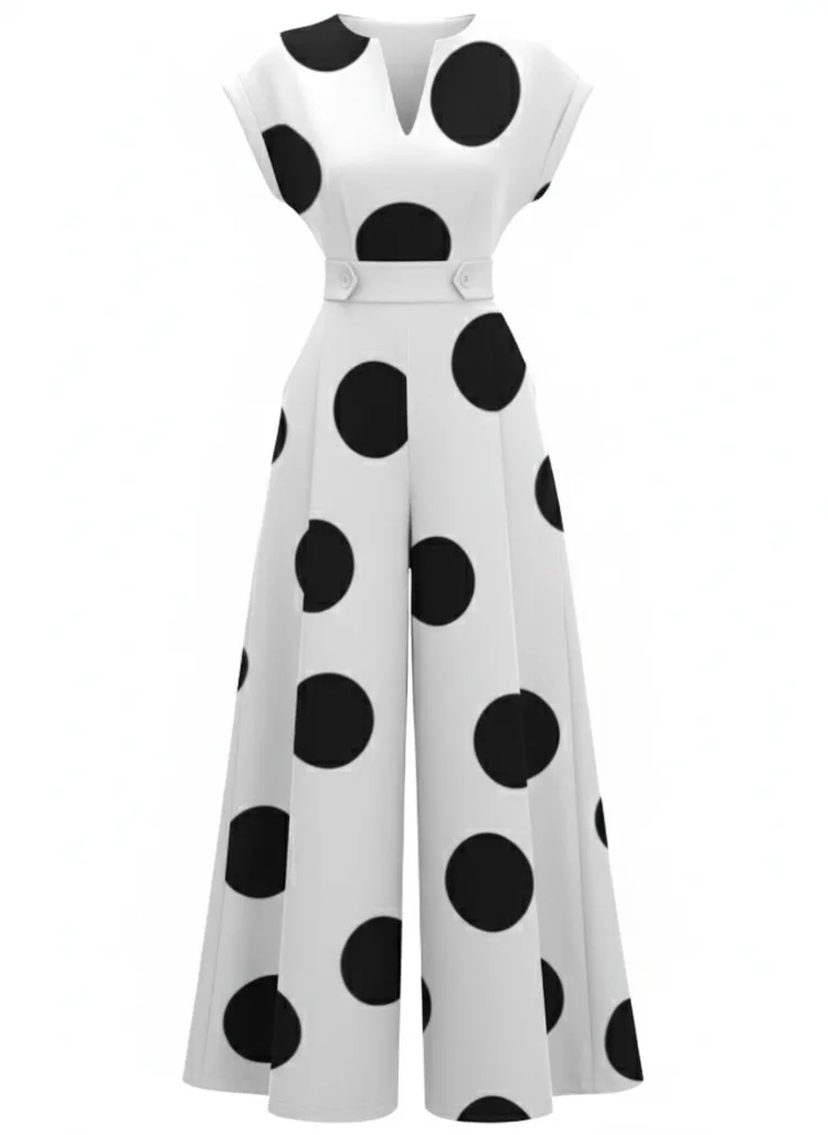 

Yeezzi Women's Fashion Polka Dot Wide Leg Jumpsuits Short Sleeve High Waist Loose Fit Pockets Elegant Party Office Overalls