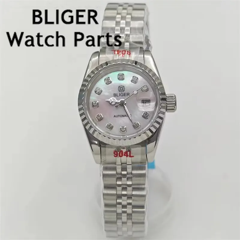 BLIGER 26mm Luxury Women\'s Watch Diamond Pink Mother Pearl Shell Dial Sapphire Glass NH05 automatic movement waterproof