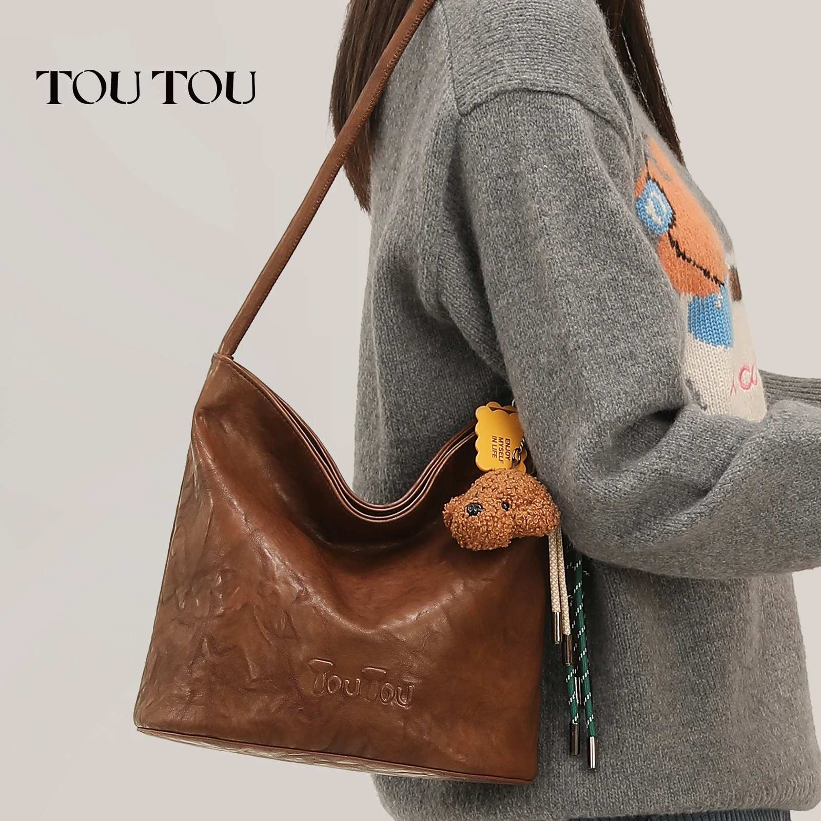 

TOUTOU Original Commuter Bucket Bag Autumn Imitation Plant Leather Large Capacity Single Shoulder Underarm Bag Christmas Gift