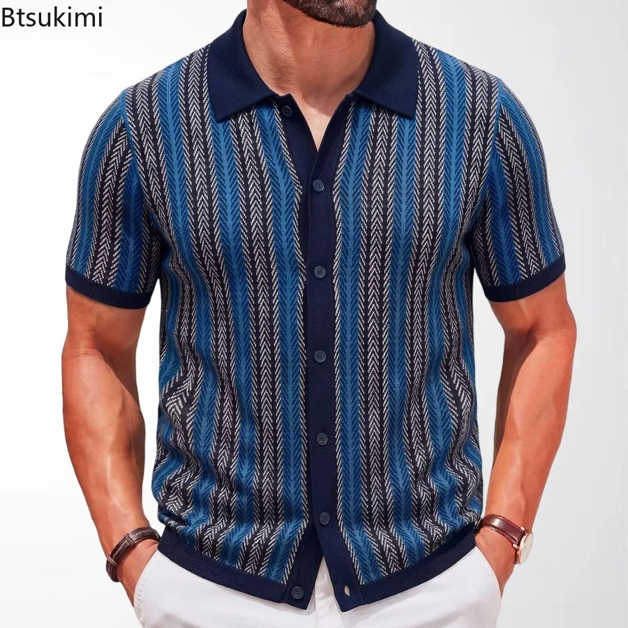 2026 New Men's Knitted Jacquard Business Polo Shirts Fashion Short Sleeve Button-up Cardigan Tops Summer Vintage Casual Knitwear