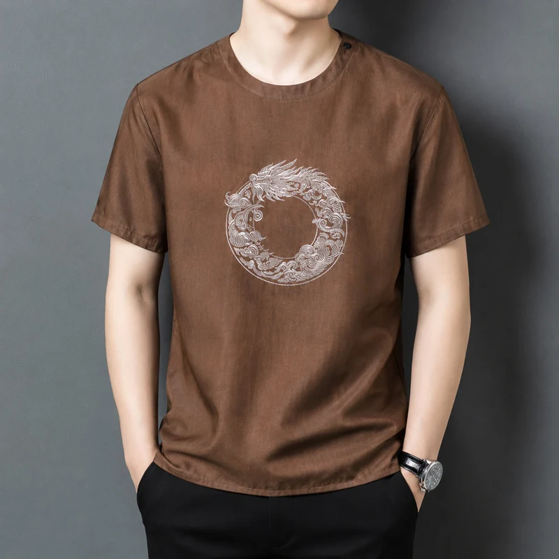 Embroidered Dragon Luxury T Shirt For Men Short Sleeve Loose Fit Summer High-Quality Real Silk 100% Coolness Camisetas De Hombre