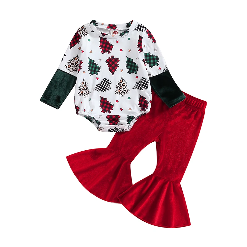 

SUNSIOM Baby Girls Christmas Clothes Christmas Tree Print Long Sleeves Romper and Pants Two Piece Toddler Outfits