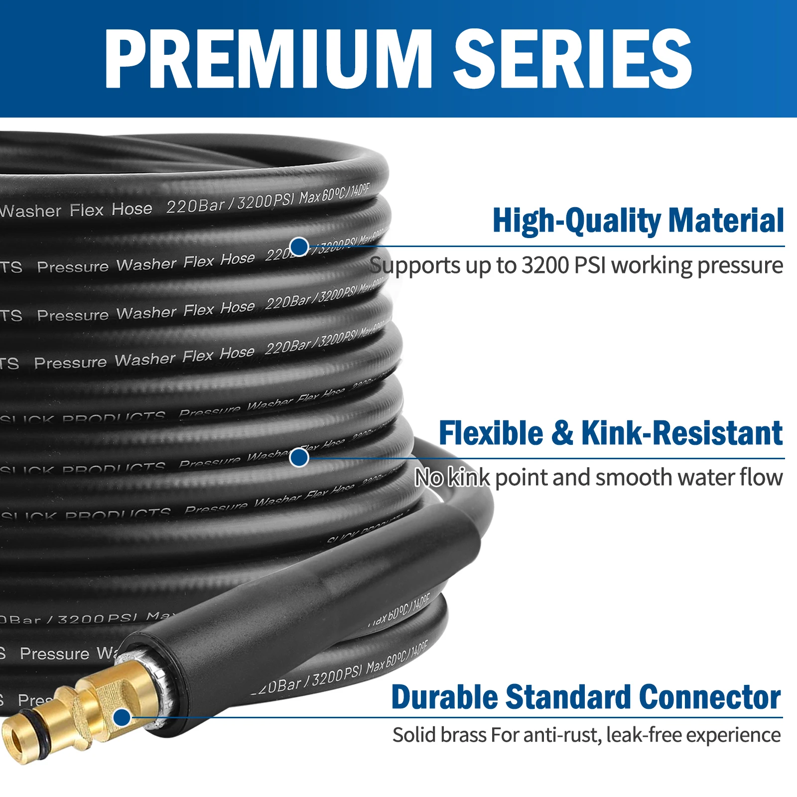 Pressure Washer 12M Super Flexible Hose 220Bar Kink Resistant Hose for Karcher K2-K7, Click Type Plug Quick Connector Clean Pipe
