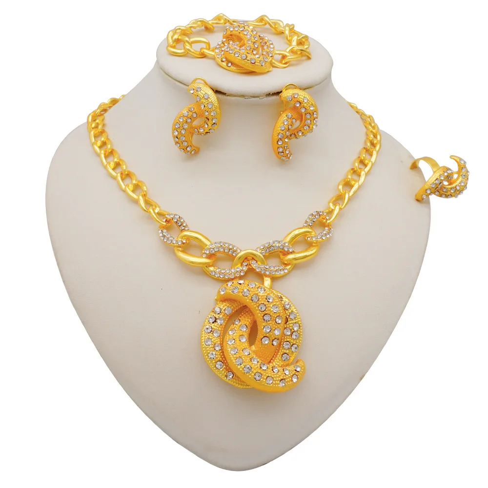 

AU999 24K Gold Rhinestone Inset Set for Women - Necklace Bracelet Earrings Ring, Luxury Sparkle Design, Dinner Party Focus