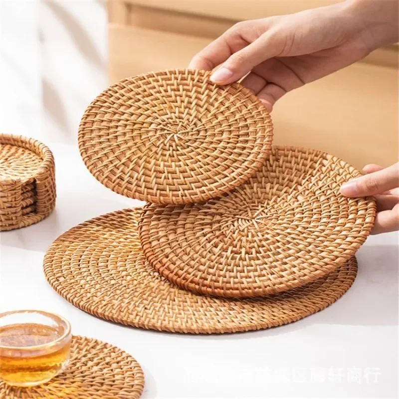 8-20cm Round Natural Rattan Cup Mat Coasters Hand Woven Hot Insulation Placemats Table Padding Kitchen Decoration Accessories