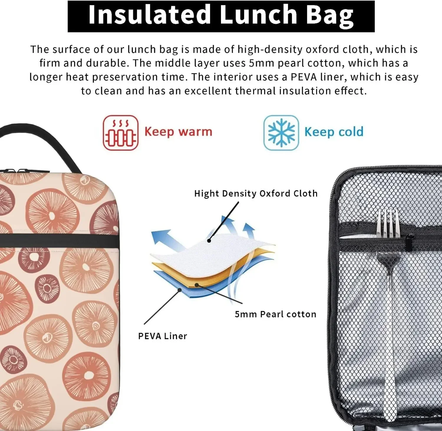 Mushroom Lunch Bag Insulated Reusable Lunch Box Portable Cooler Lunch Tote Bag witth Side Pocket For Women Men Work Picnic