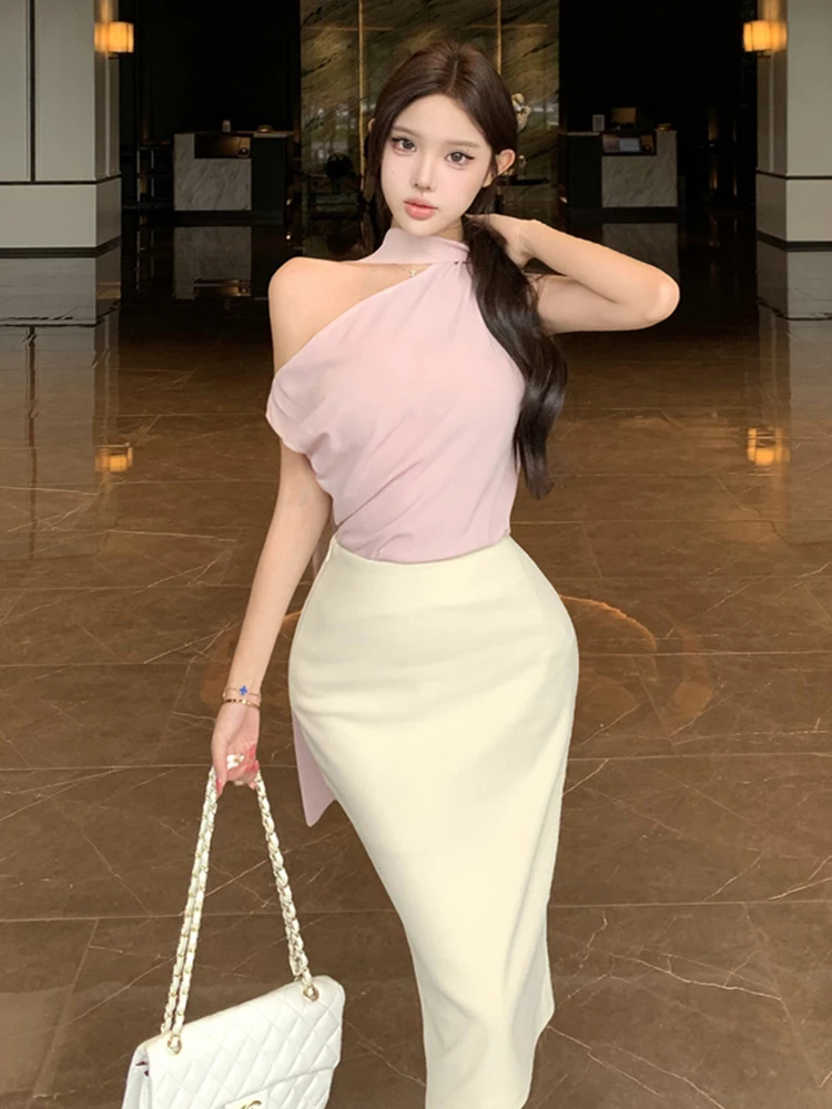 Sexy Elegance Pure Desire Asymmetrical Shoulder Sash Sleeveless Chiffon Top High Waist Slimming Bodycon Half Skirt Commute Set
