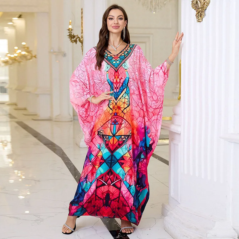 

2025 Beach Kaftans for Women Pink Diamond Animal Printed Batween Sleeve Cover Ups for Swimwear Beach Dresses Holiday Beachwear