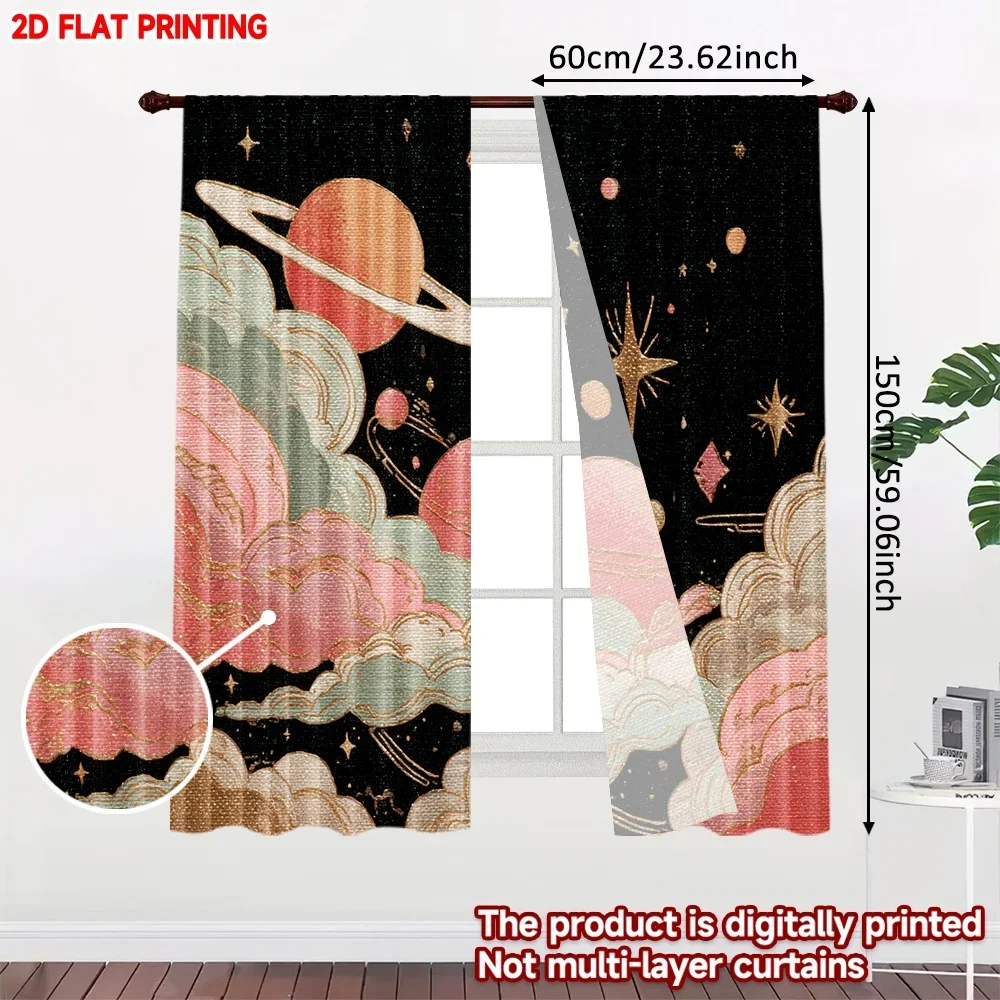 2pcs Universe Planet Curtains  Orange Red Planet with Saturn Ring Stars on Deep Blue Space for Sci-Fi Bedroom Decor