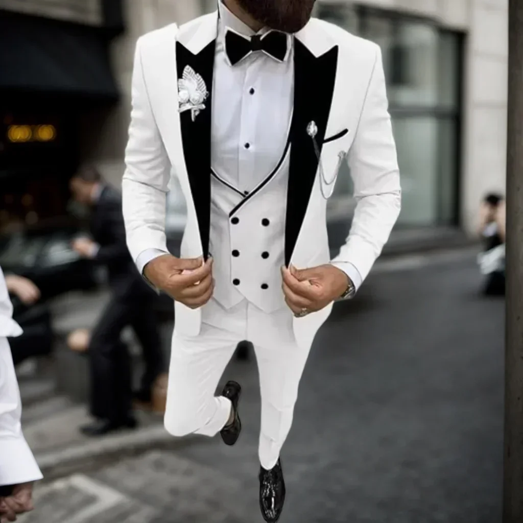 

Formal Elegant Men's Suit 3 Piece Blazer Vest and Pant Slim Fit Suit for Men Velvet Peak Lapel Tuxedo Set Business Wedding Party
