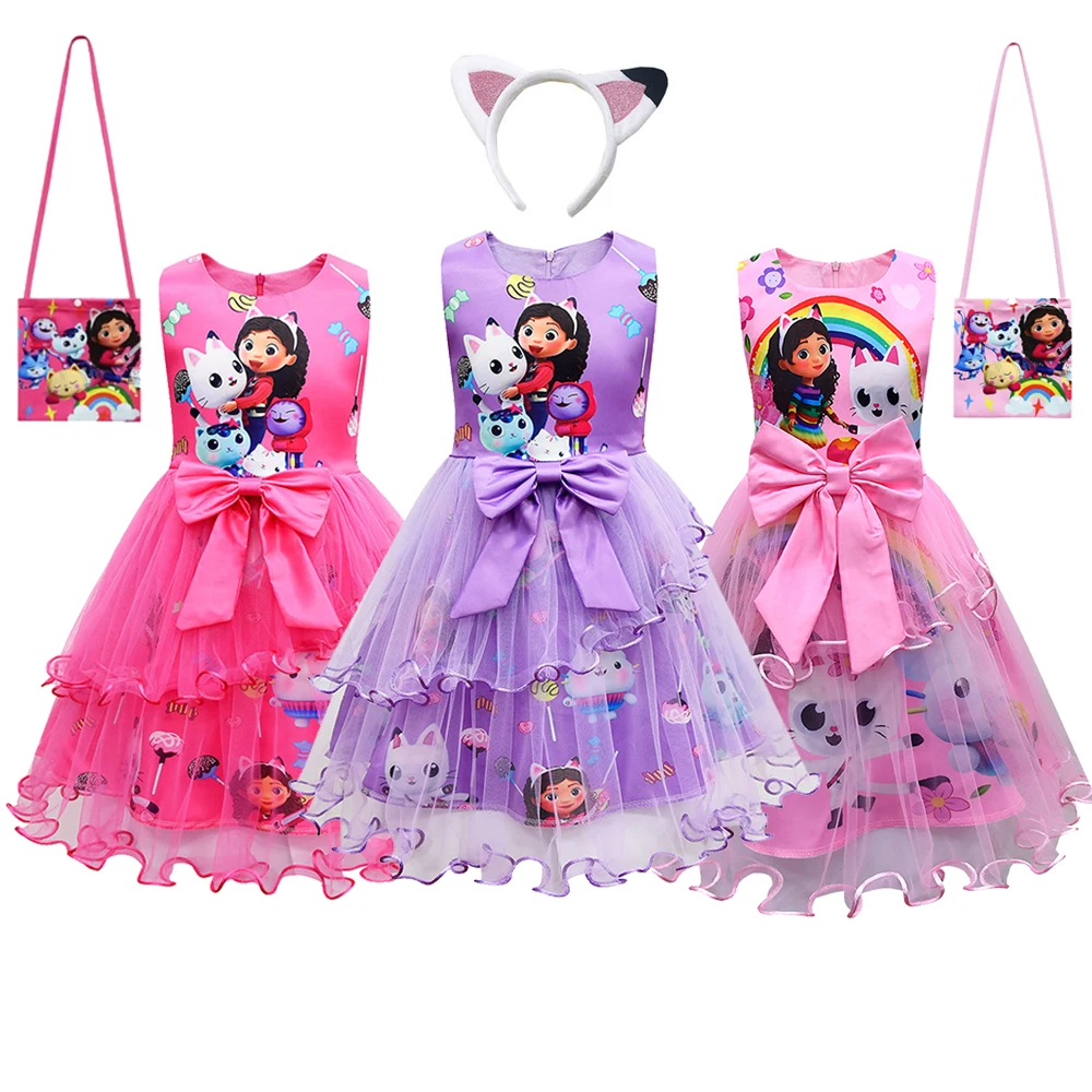 Cartoon Gabi Cat Cosplay Costume Kids Grils Bow Lace Dress+Headwear+Bag Sets Kids School Party Halloween Gabi Cosplay Costume