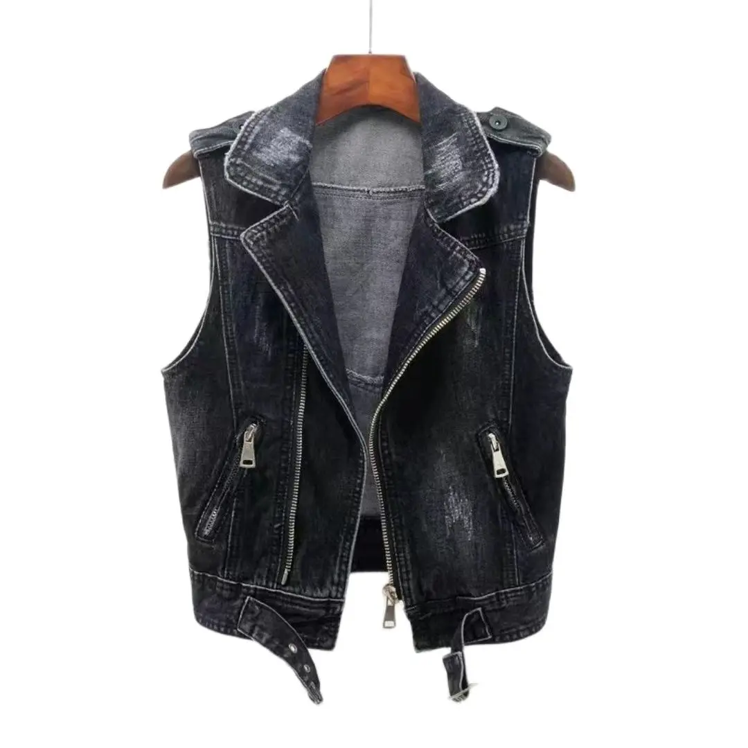 

Spring Jean Vest Female Casual Denim Jacket Slim Moto Biker Short Coat Fashion Autumn Sleeveless Wild Tops Gray Waistcoat Hole