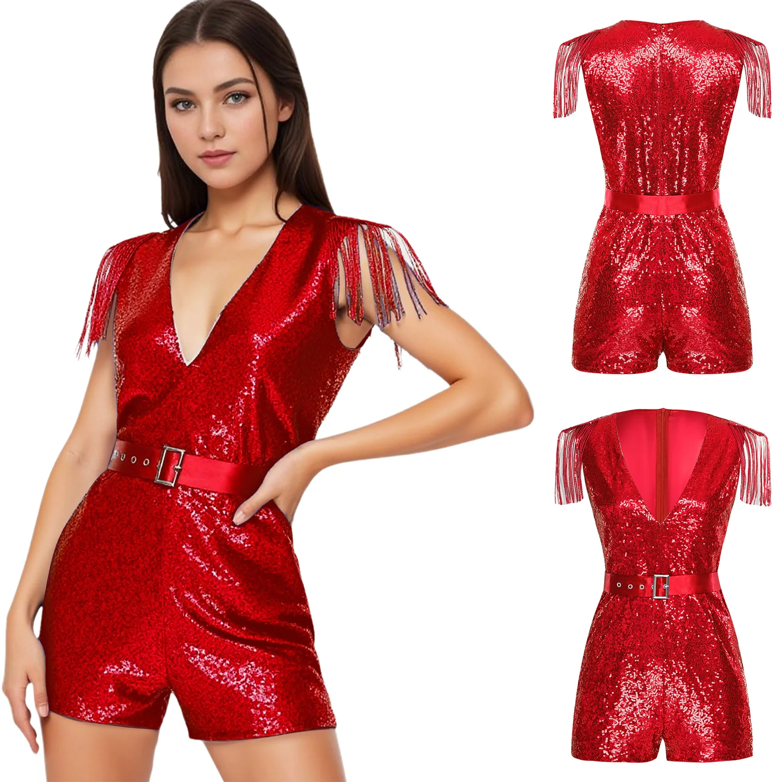 여성 핫 V넥 스팽글 태슬 파티 점프수트 패션 롬퍼 반짝이는 벨트 포함 음악 축제 레이브 디스코 클럽 의상
