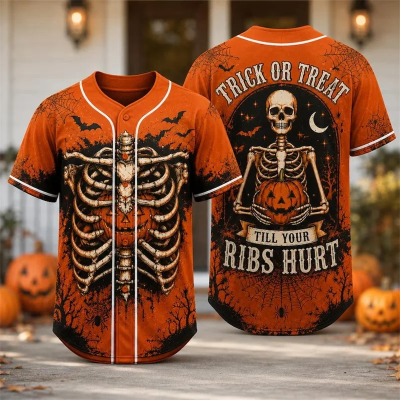 Vintage Halloween Trick Or Treat Skeleton Ribcage Pumpkin Baseball Jersey 3D Print Men Short Sleeve halloween Party Team Shirt