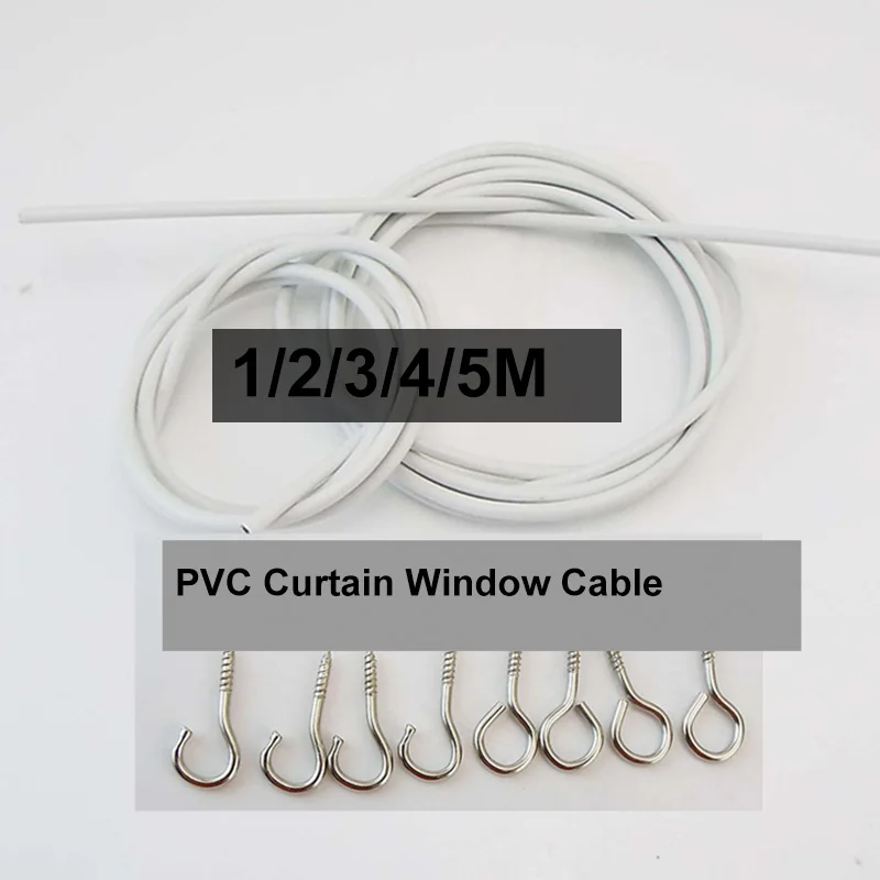 50cm 1M 6M PVC Window Cord Cable Net Curtain track Wire White Windows wall hanging Line with HOOKS EYES For Caravans Boats set