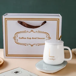 55℃ Constant Temperature Cup Creative Heating Coffee Mug Warmer Gift Box Ceramic Cup with Spoon for Home Office Birthday Gift