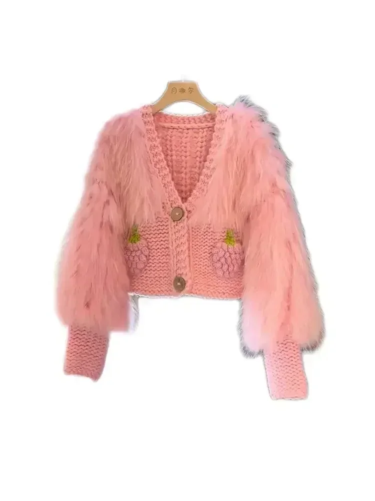 Gagarich Women Fashion Sweater Loose Beautiful Pink Sweet Knitted Splicing Imitation Mink Fur New 2025 Hot Cardigan Fur Top