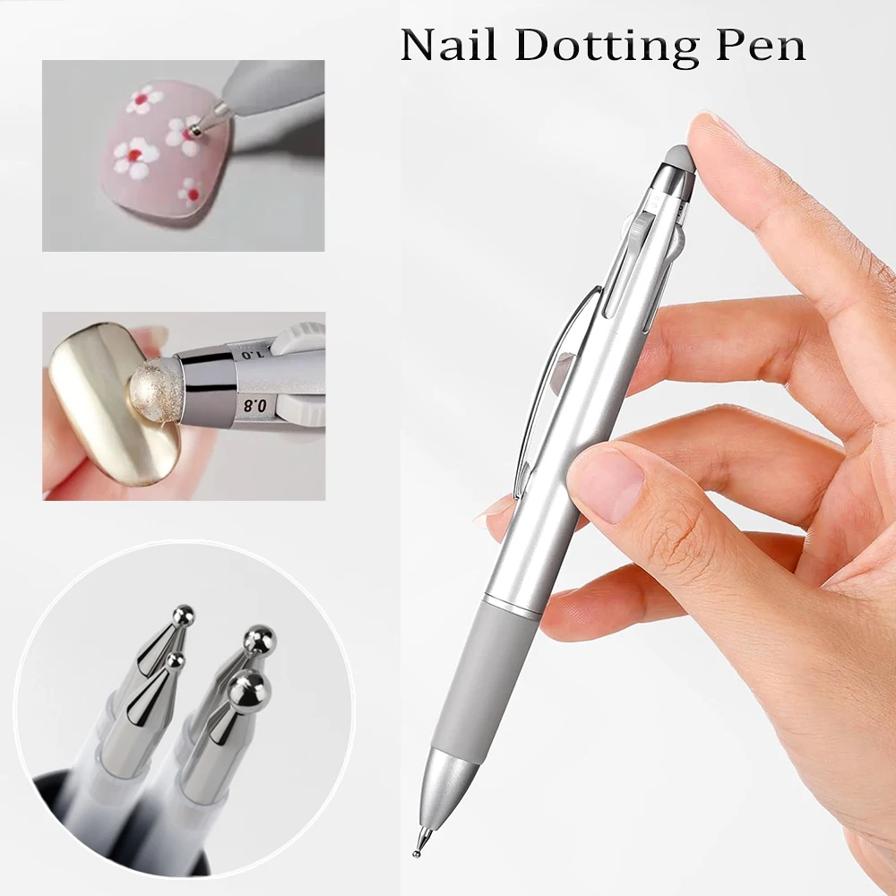 5-in-1 Nail Art Dotting Pen & Flash Powder Applicator 4 Size Interchangeable Tips Nail Dotting Painting Pen Nail Drill Pen Tools
