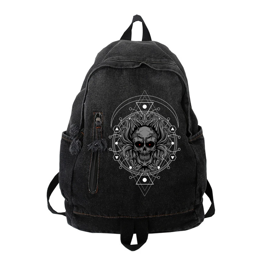 Fashion Girls Funny Skull Pattern Printed Denim Backpack Casual Blue School Bags For Women Boy\'s Backpacks Personality Gradient