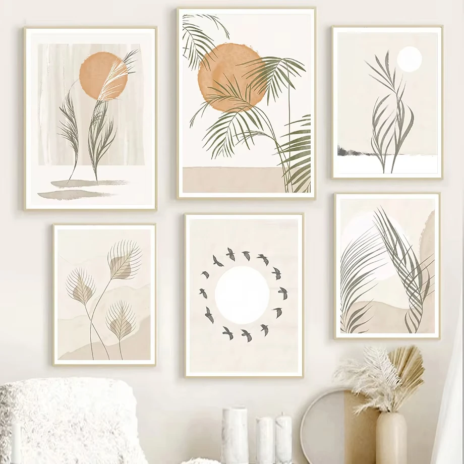 1pc frameless Leaves Sun Green Plants Abstract Boho Wall Art Canvas Painting Nordic Posters Mid Century Modern Print Picture Liv