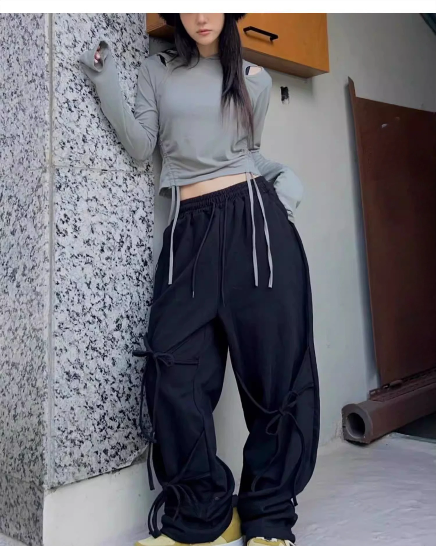Fashion High Street Personalized Lace-up Loose Straight Leisure Pants Sweet Girls Solid Color Age-reducing Korean Dance Trousers