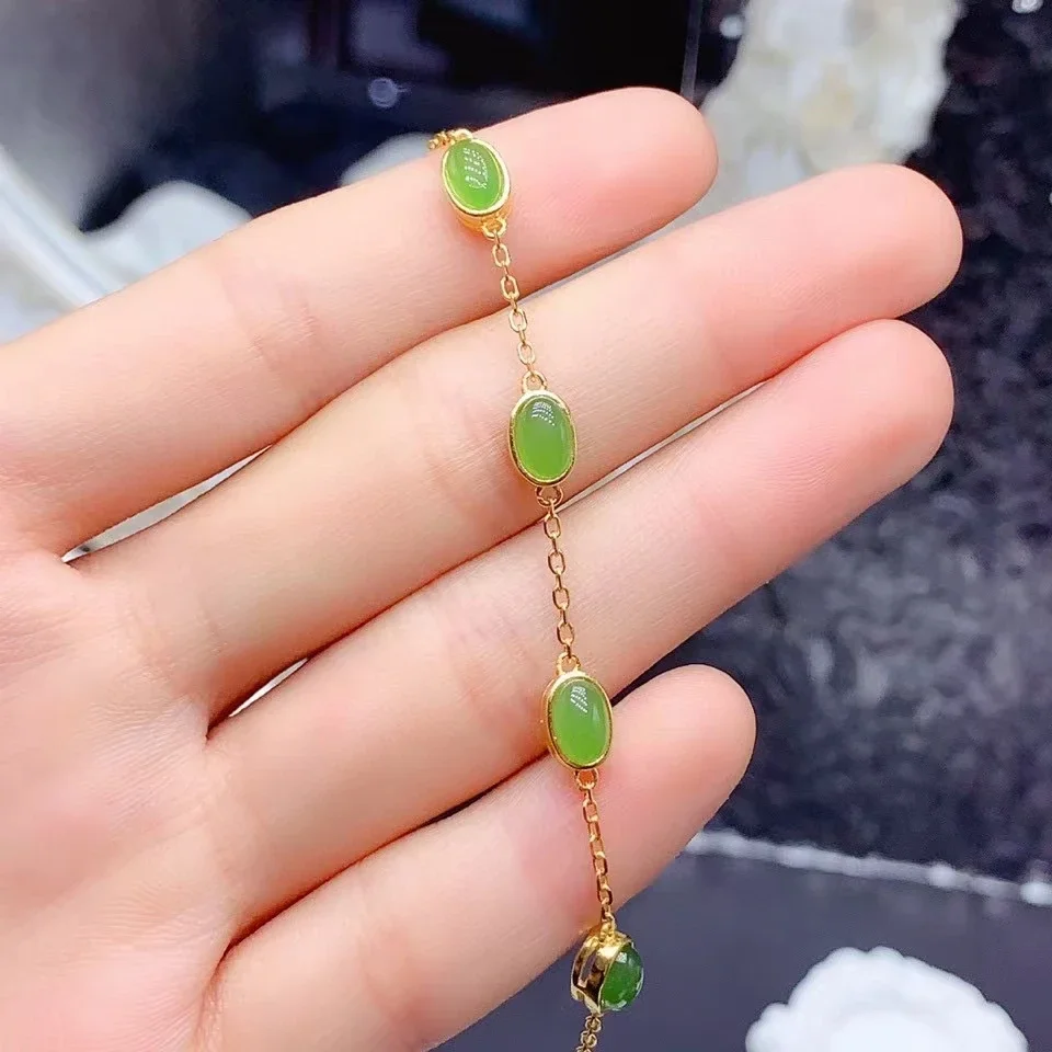 Pulseira de jade de prata 925 fina para férias, verde natural, chapeamento de ouro 18k, 4mm * 6mm, 3.5ct total, moda