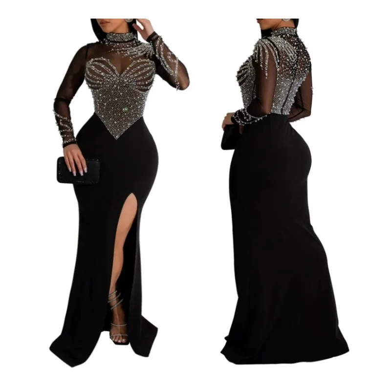 

Прозрачное платье с круглым вырезом и длинными рукавами, высоким разрезом и стразами для женщин, модное и сексуальное однотонное вечернее платье