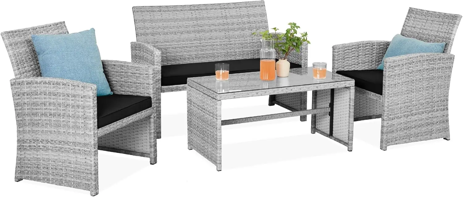 Best Choice Products 4-Piece Outdoor Wicker Patio Conversation Furniture Set Backyard W/Coffee Table Seat Cushions Gray/Black