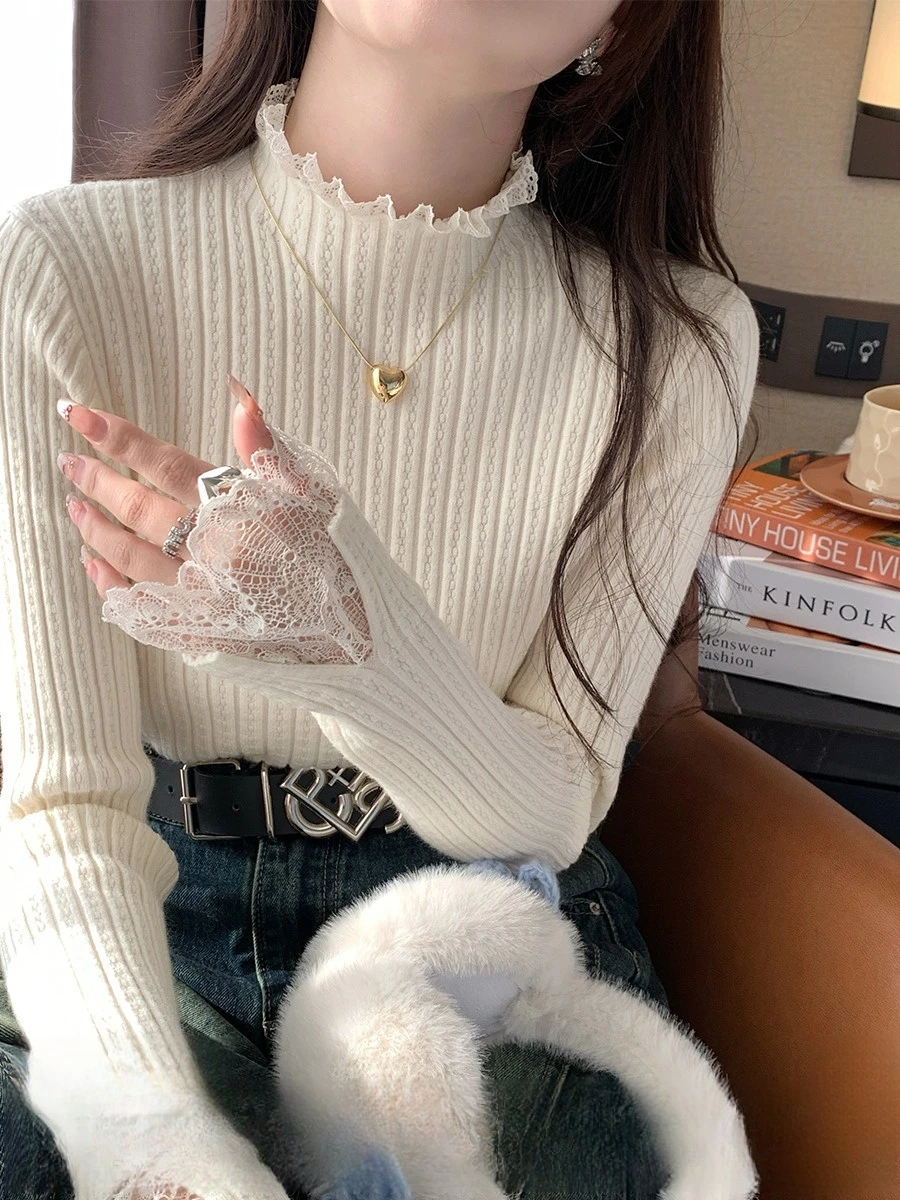 Autumn Winter Turtleneck Skinny Elastic Knitted Pullovers Women Solid Color Tops Female Long Sleeve Knit Patctwork Lace Sweater