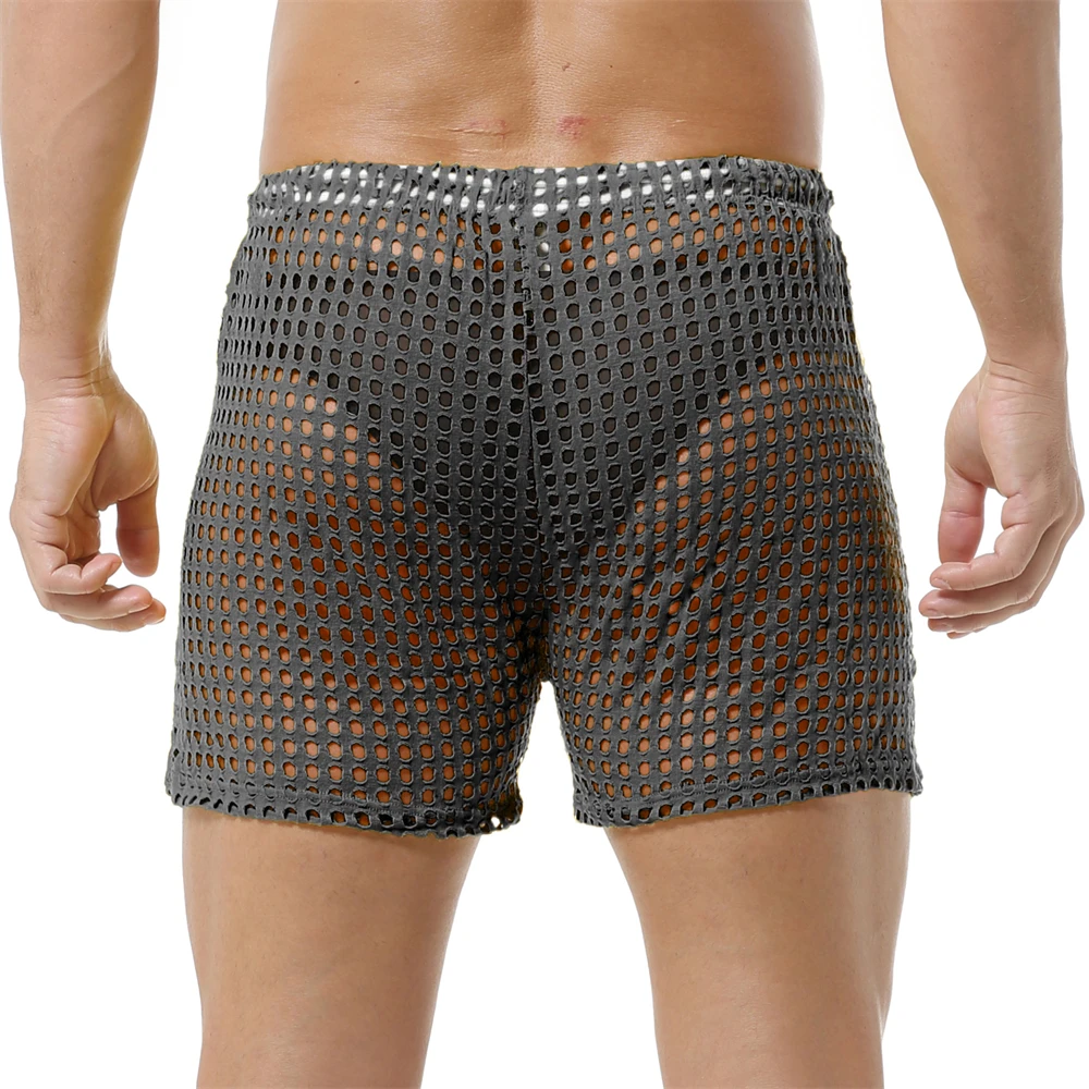 Breathable Mens Sexy Mesh Fishnet Causal Shorts Loose Men Hollow Out Beach Bikini Swim Trunks Drawstring Sport Gym Lounge Shorts