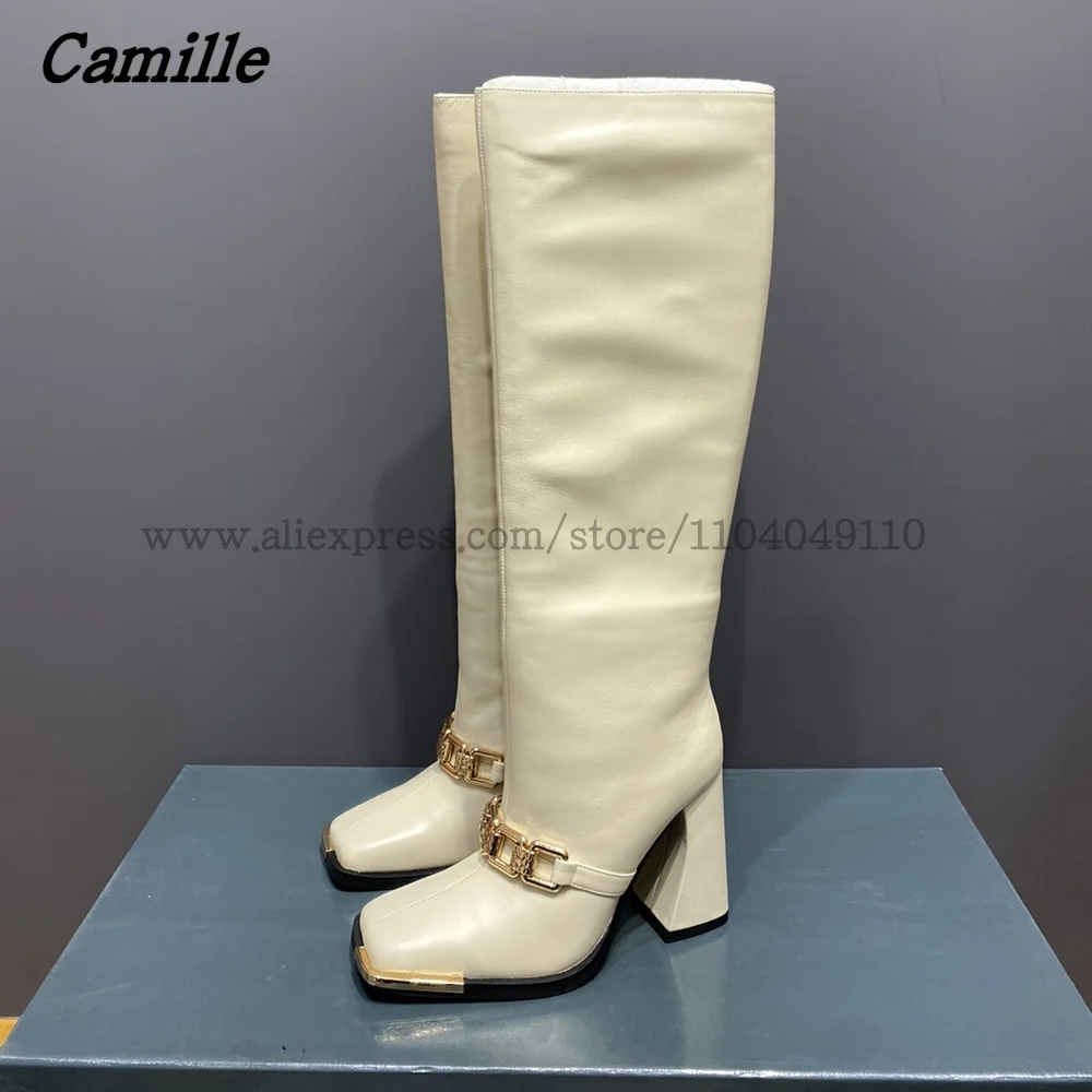 

Genuine Leather Metal Chain Strange Heel Knee High Boots Autumn New All-Match Casual Boots Square Toe Size Zippers Sexy Boot