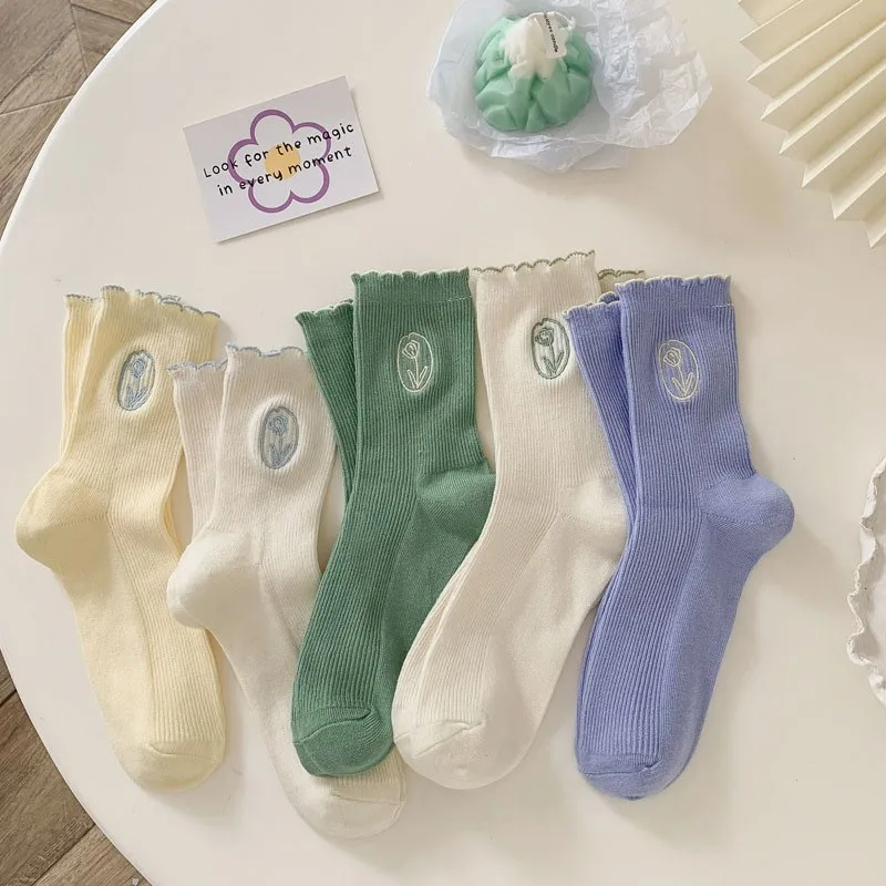 Women Cotton Socks New Cream Embroidered Tulip Simple Fashion Versatile Double Needle Korean Academy Style In Tube Socks 1B201