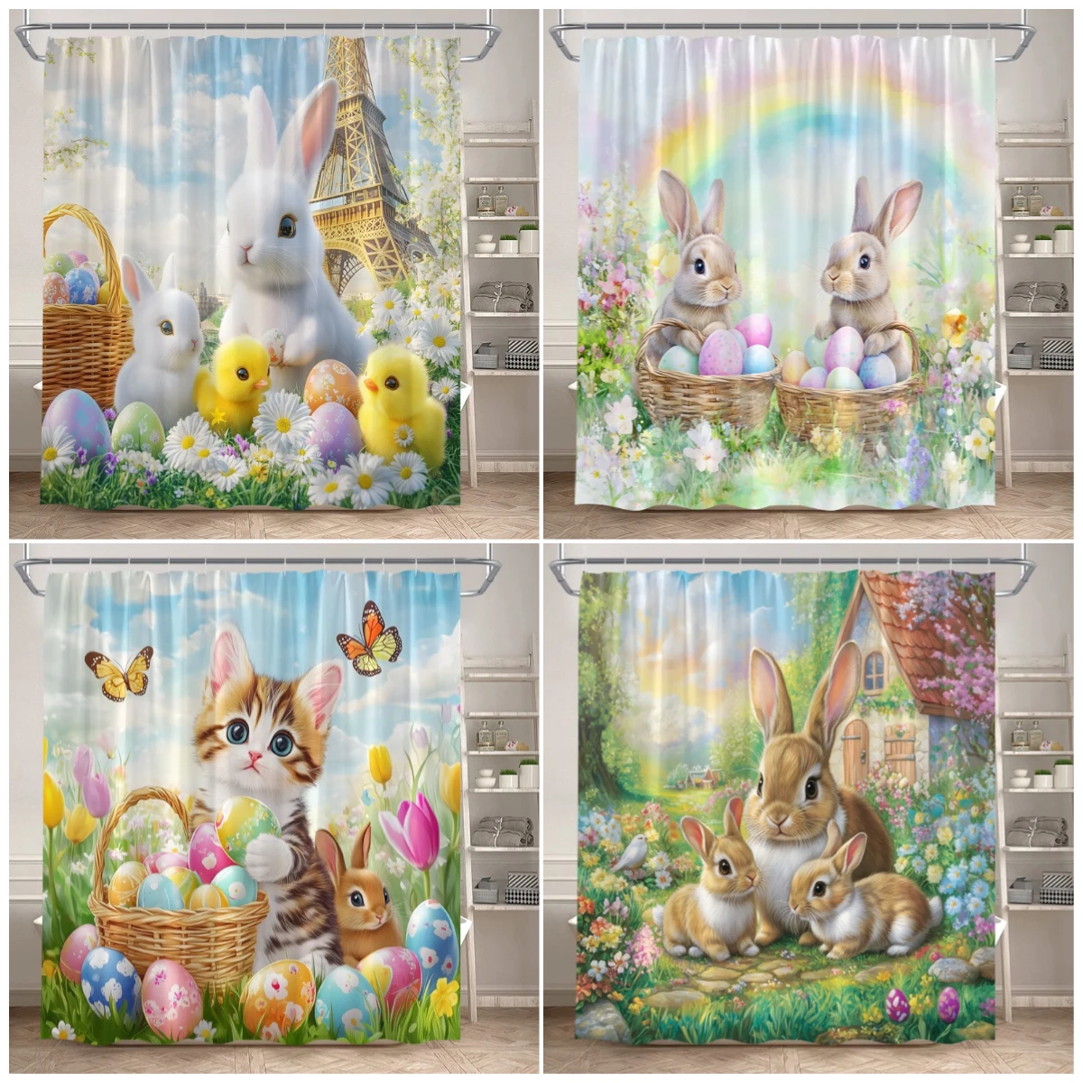 Funny Easter Shower Curtain Cute Bunny Rabbit Eggs Cat Butterfly Floral Rustic Scenery Bath Curtains Fabric Home Bathroom Decor