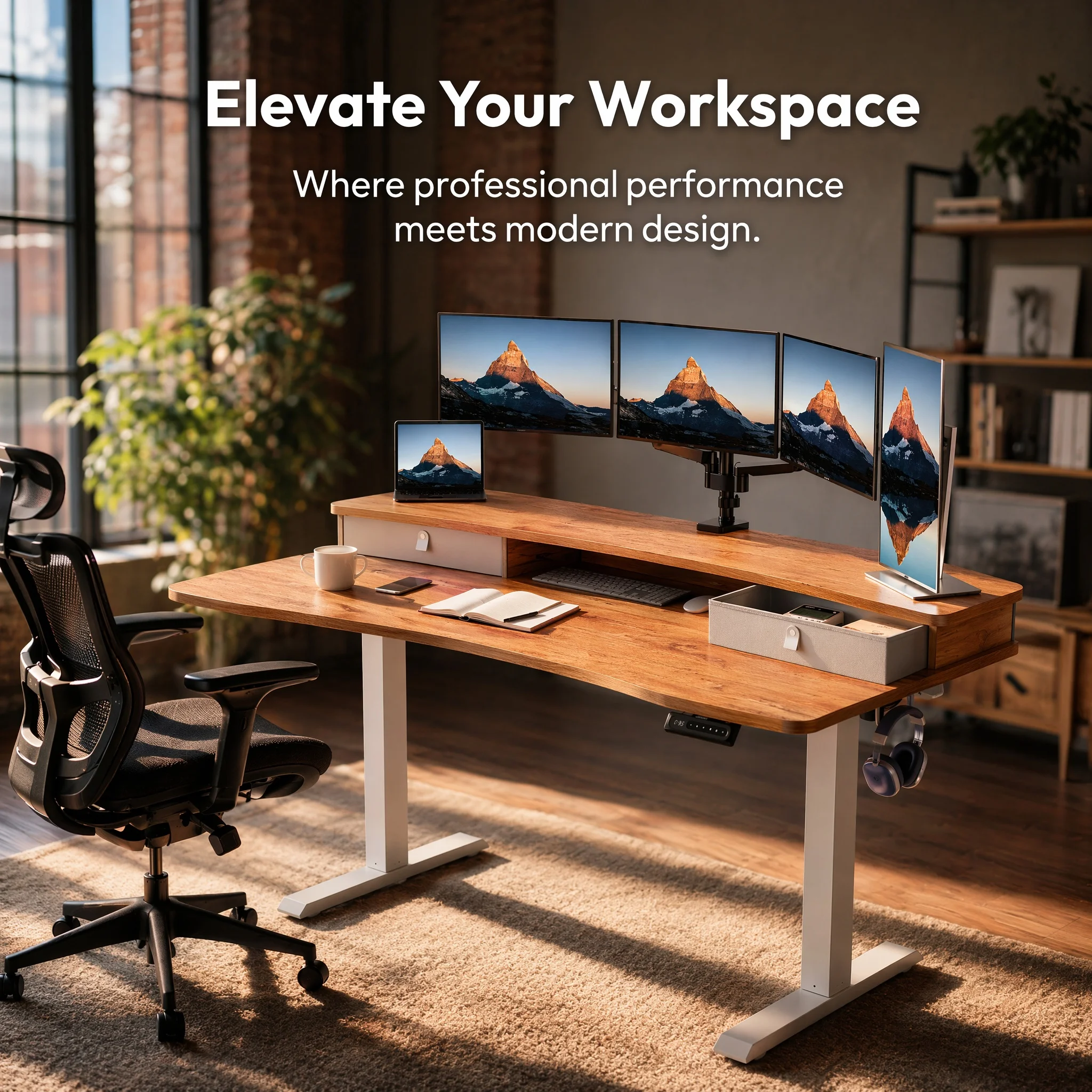 60″ X 30″ Electric Standing Desk with 2 Drawers, C-Clamp Mount Compatible, Height Adjustable Computer Desk, Home Office Stand Up Desk with 4 Preset Heights & 2 Hooks